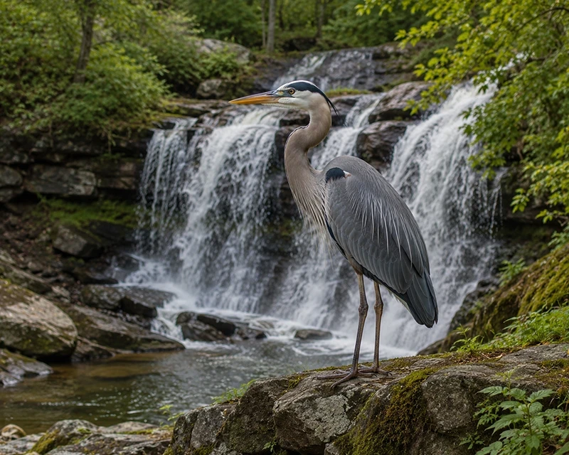 Heron at waterfall