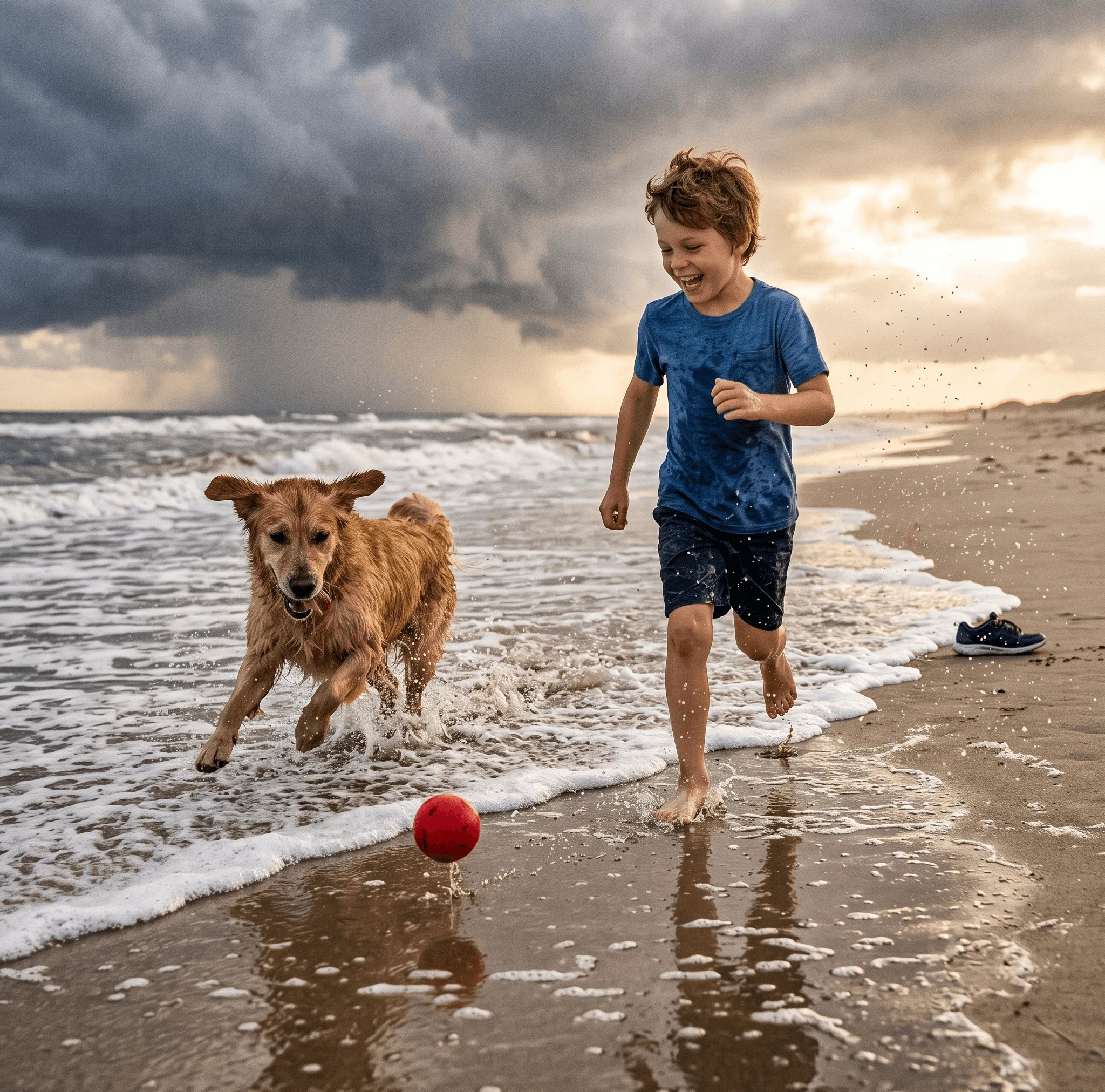 Boy and Dog chasing ball- Storm