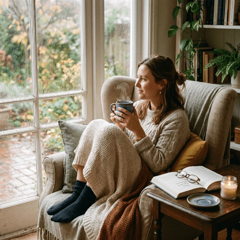 Woman with cup watching rain