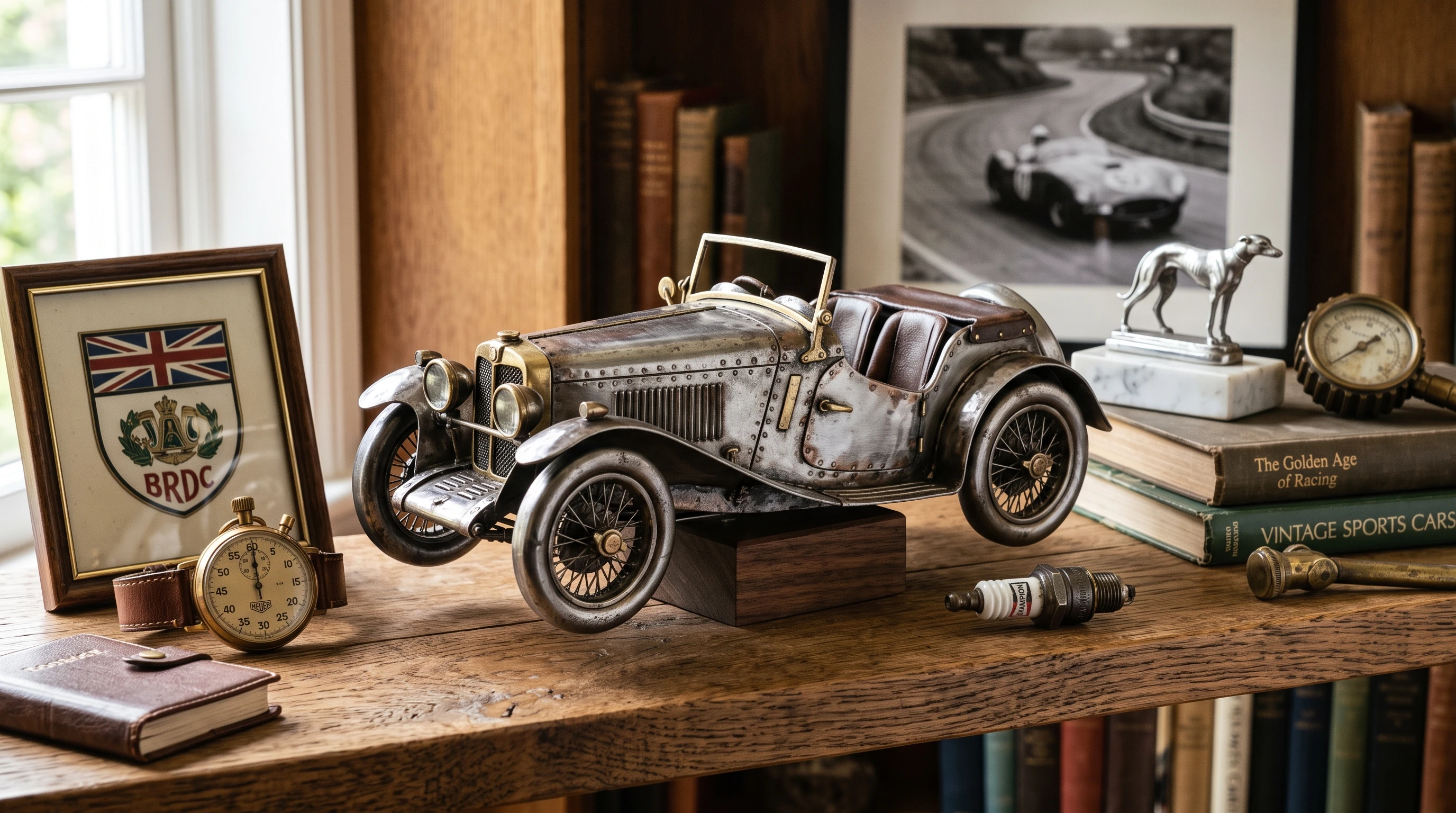 Unusual car art on display Handcrafted metal car sculpture displayed on a wooden shelf among other car memorabilia