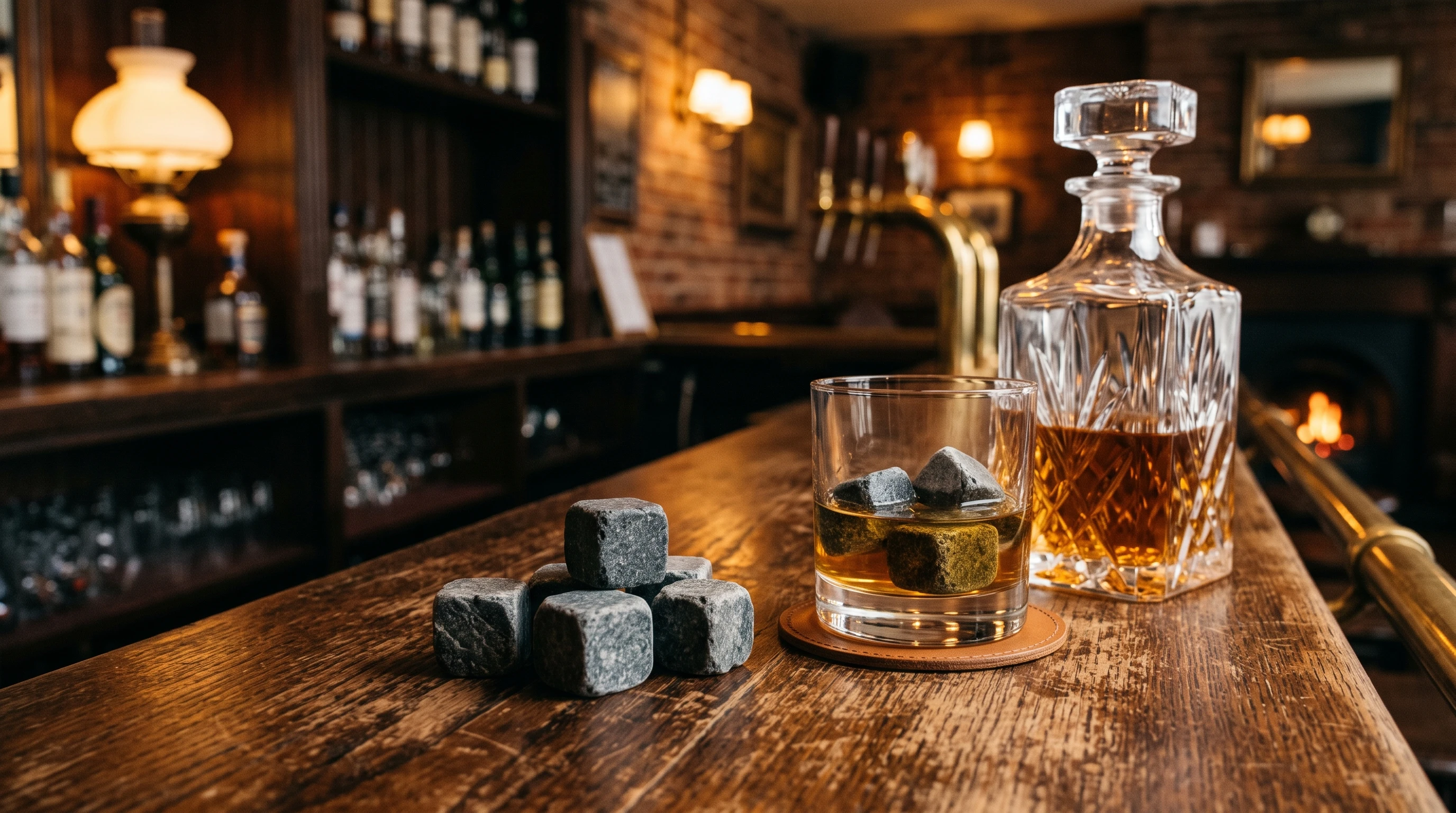 Chilled whiskey glass with whiskey stones beside a bottle on a rustic wooden table
