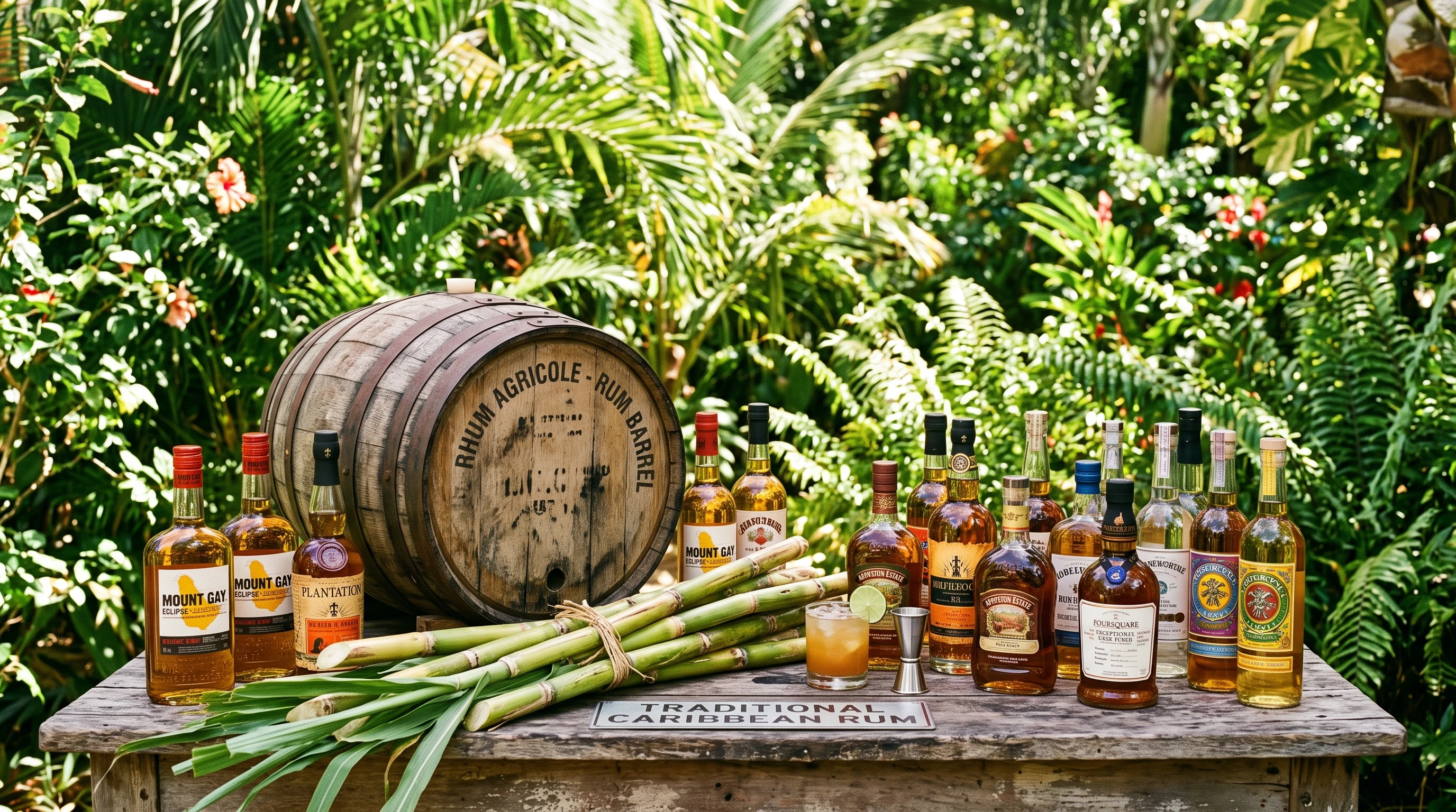 Colorful assortment of rum bottles, a wooden barrel, and sugarcane on a rustic bar table