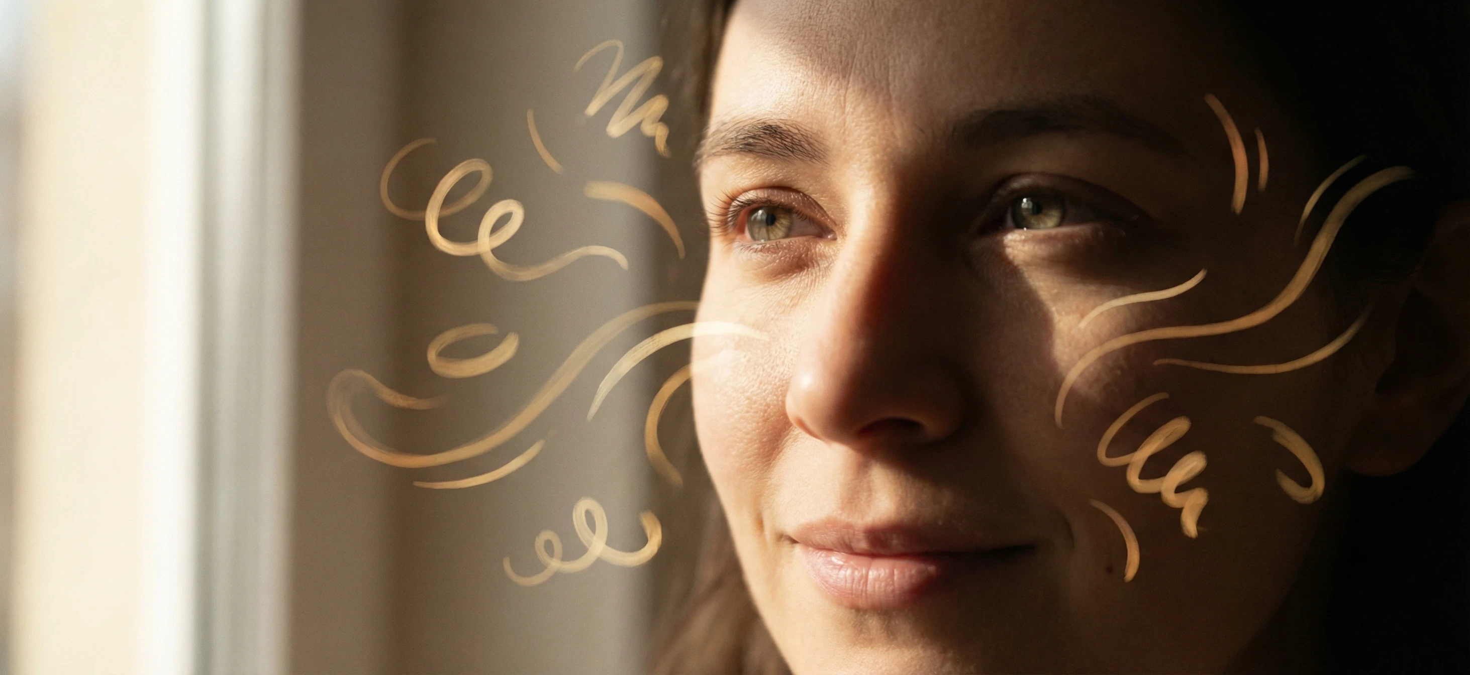 A close-up of a person’s face half-lit. Floating near them are soft, handwritten-style shapes (not text) representing ideas becoming clearer. Warm, creative mood. No speech bubbles.