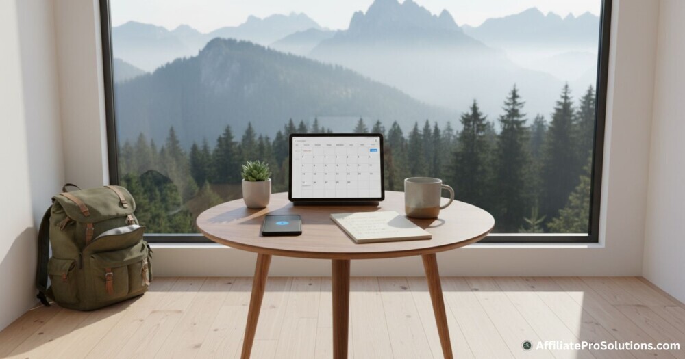 Making Things Easier As You Grow Planning how to quit your job and travel full time from a calm mountain workspace with a calendar and backpack.