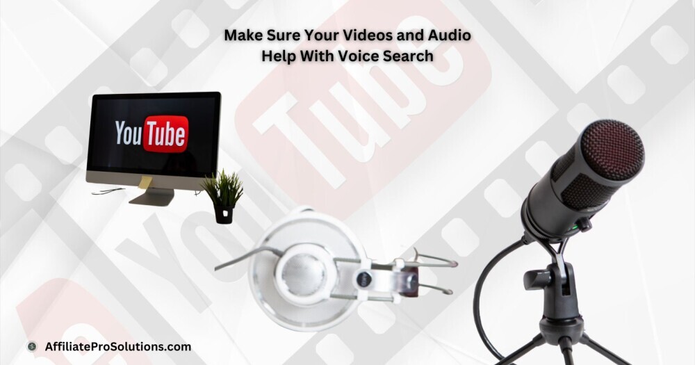 Make Sure Your Videos and Audio Help With Voice Search Microphones on a desk next to a YouTube video screen and monitor, showing how video and audio content need proper text and titles to support voice search optimization.
