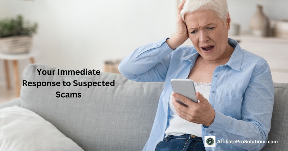 Elderly woman shocked while looking at her phone, representing a reaction to suspected scam attempts online.