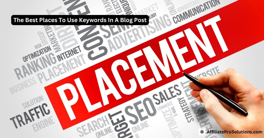 The Best Places To Use Keywords In A Blog Post Red banner with the word placement surrounded by SEO-related terms like content, ranking, and traffic, highlighting where to use keywords in a blog post.