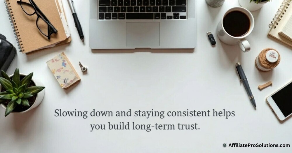 Clean workspace with a laptop and coffee used for writing affiliate content.