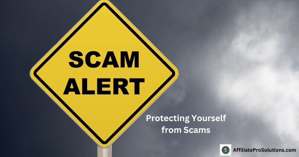 Yellow 'Scam Alert' road sign against a dark cloudy background, emphasizing the importance of protecting yourself from scams.