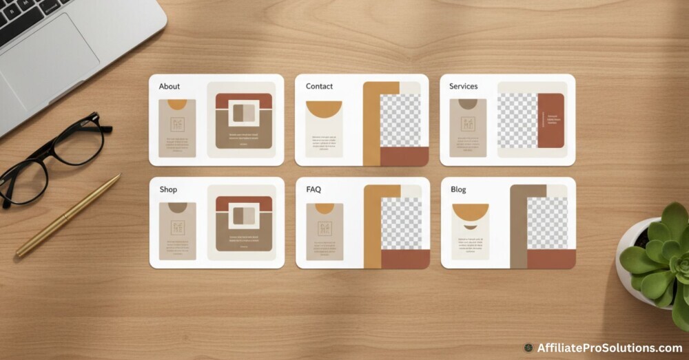 Add the Main Pages People Expect A clean workspace with a laptop open to a site layout, highlighting the main pages people expect when designing your first branded business website