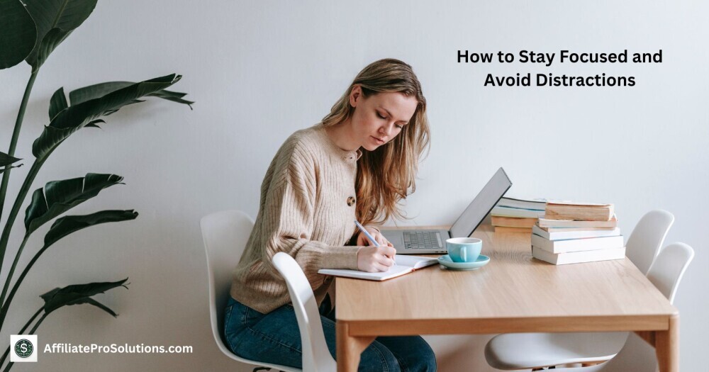 How to Stay Focused and Avoid Distractions Woman sitting at a desk writing notes, representing focus and productivity, a key part of time management tips for working at home.