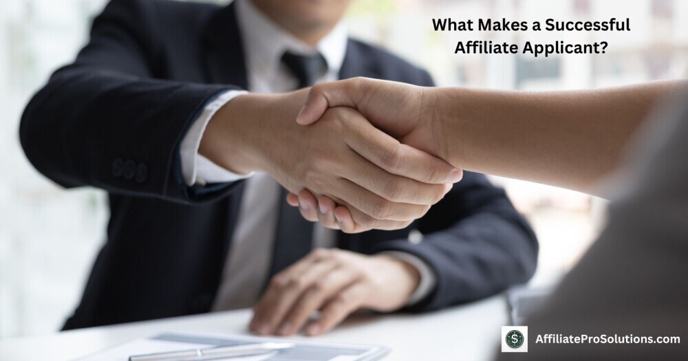 Close-up handshake between professionals symbolizing trust and professionalism as key traits for successful affiliate applicants.