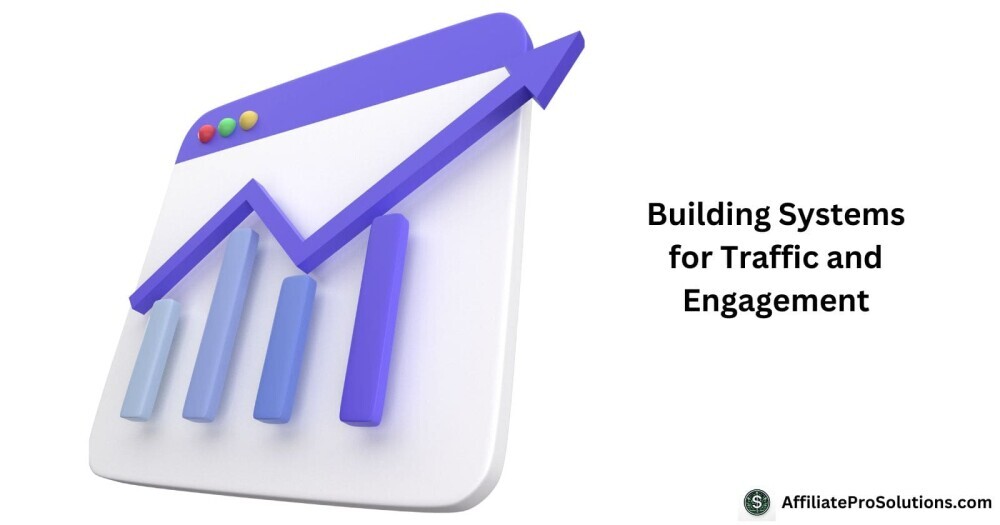 Building Systems for Traffic and Engagement A 3D graphic showing increasing data charts representing building systems for traffic and engagement in affiliate marketing.