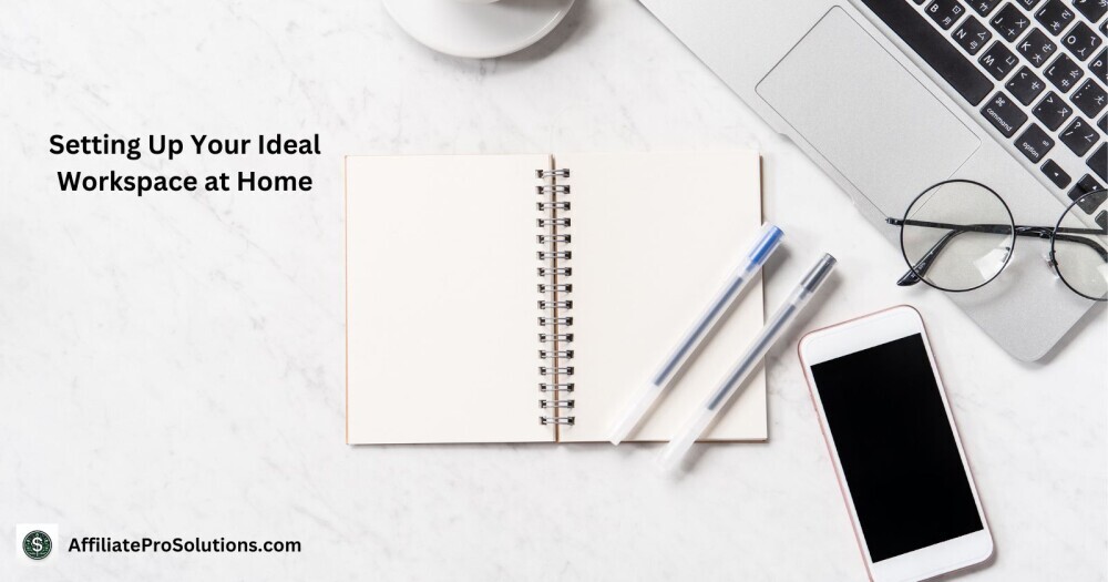 Setting Up Your Ideal Workspace at Home Minimalistic workspace setup with a notebook, pen, and laptop on a clean desk, emphasizing time management tips for working at home.