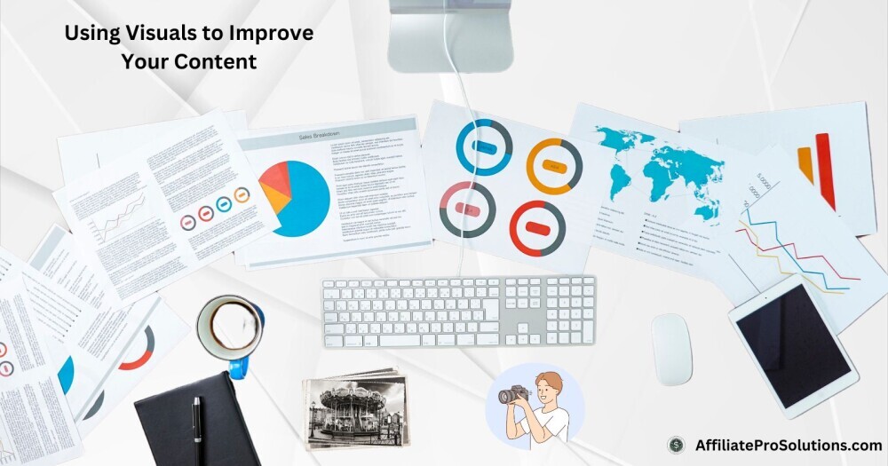 Flat lay of charts, graphs, and digital tools on a desk, showing how visuals can make content clearer and more engaging