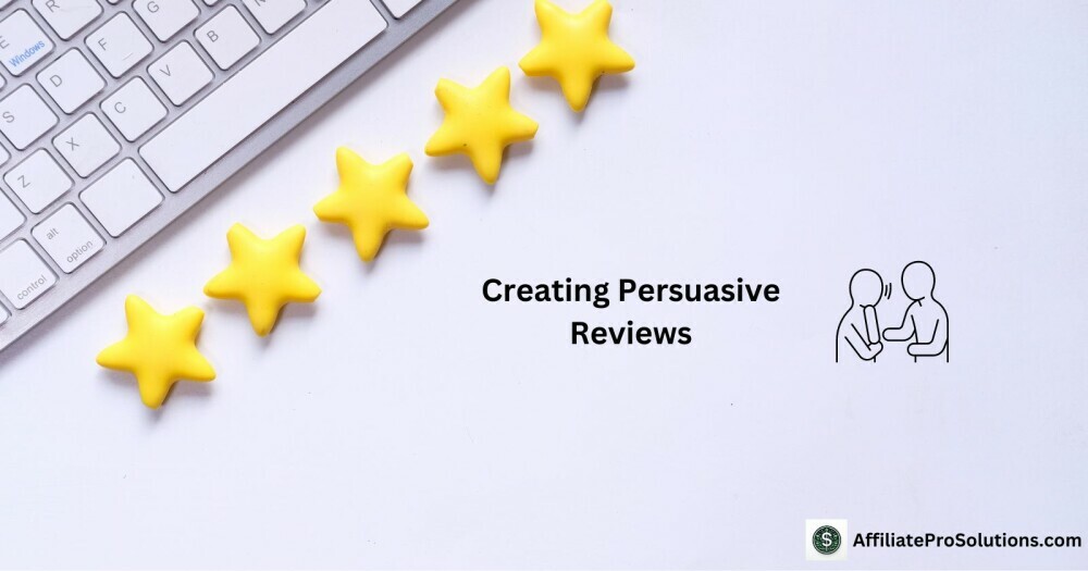 Creating Persuasive Reviews - How To Write Compelling Product Reviews For Affiliate Marketing Five yellow stars arranged near a keyboard with text 'Creating Persuasive Reviews' highlighting the importance of detailed product feedback.
