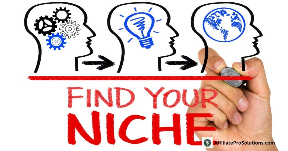 Choosing the Right Niche for Maximum Profit - How Profitable Is Affiliate Marketing Illustration showing three human heads with gears, light bulbs, and a globe, emphasizing the importance of choosing the right niche in affiliate marketing.