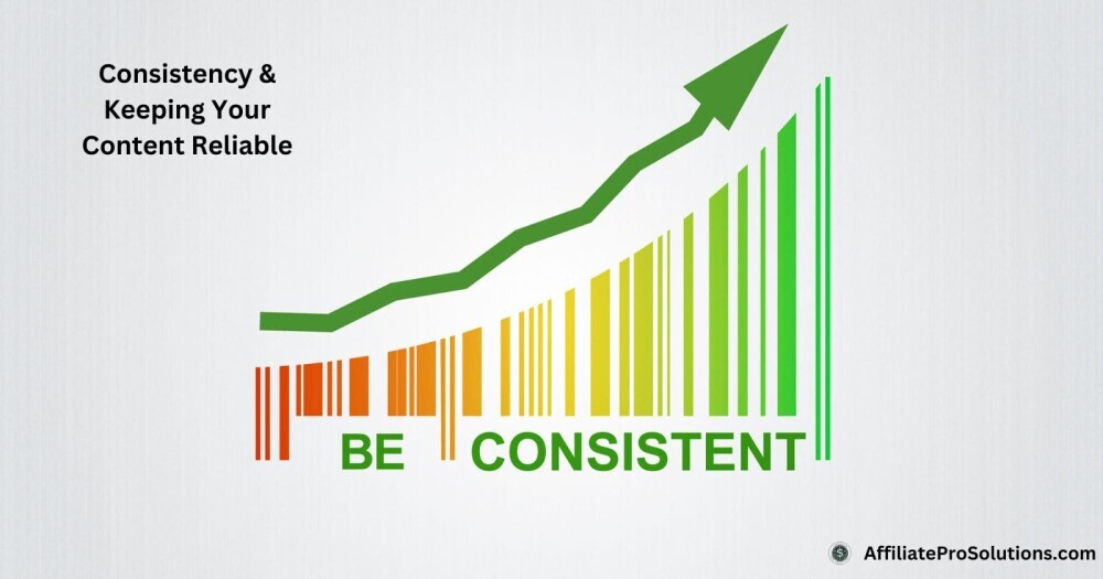 Green upward trend graph with the words 'Be Consistent', representing the value of reliable tone and regular posting in content strategy