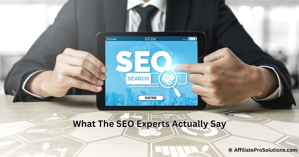 What The SEO Experts Actually Say Person holding a tablet that displays SEO search with icons for optimization, strategy, and performance to show expert opinions on keyword use.