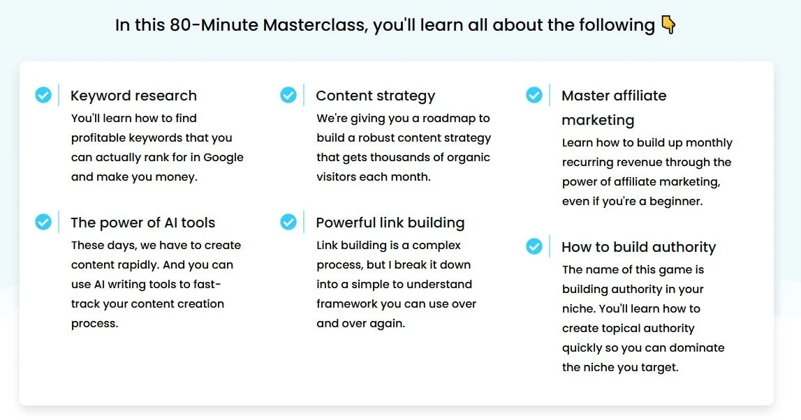 Blog Growth Engine masterclass features and training topics.