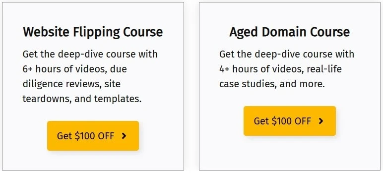 The Website Flip courses including the website flipping course and aged domain course