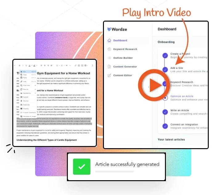 Wordze dashboard overview showing onboarding and content workflow