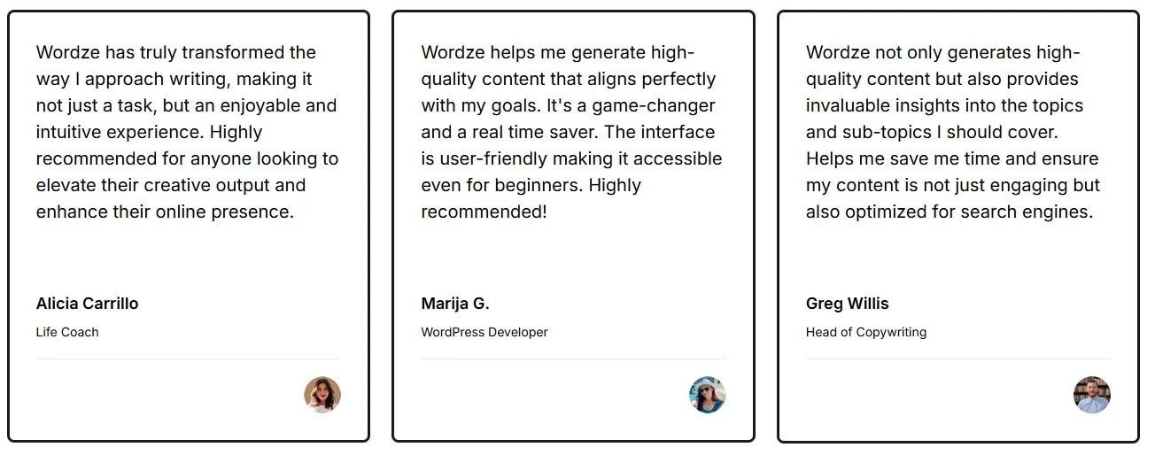 User testimonials displayed on the Wordze website