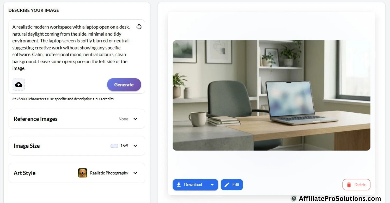 Wealthy Affiliate Image Studio interface showing prompt and generated image result
