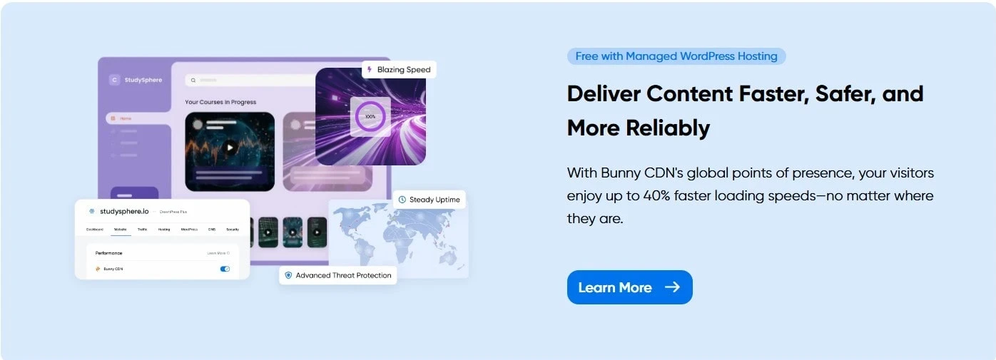 DreamHost hosting performance and reliability features shown on their managed WordPress platform