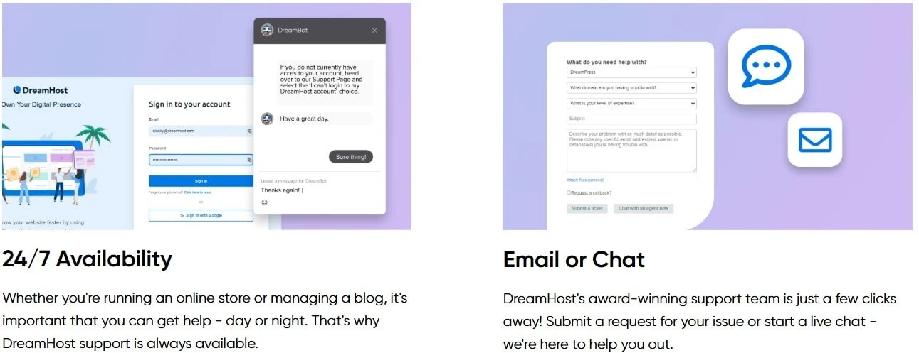 DreamHost customer support options including live chat, email support, and 24 7 availability
