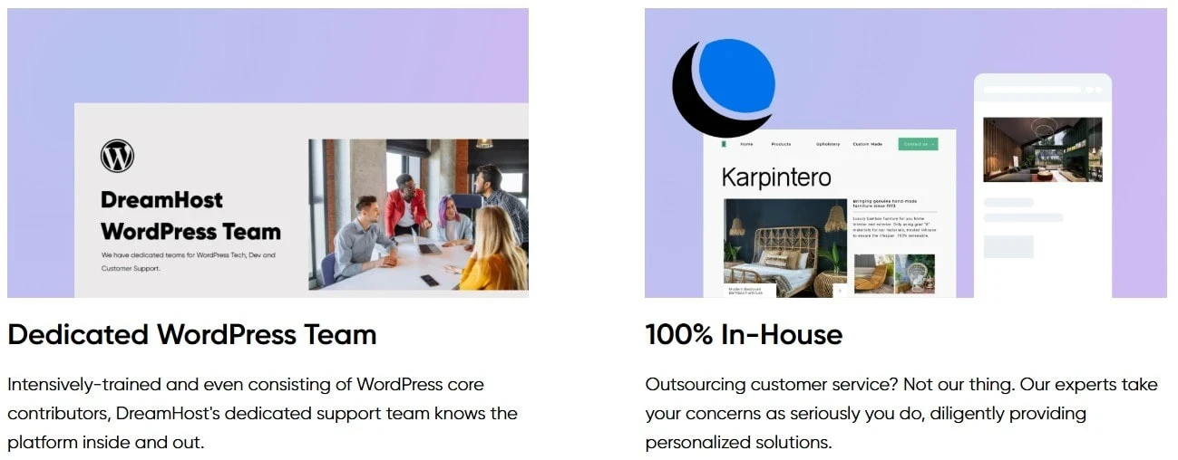 DreamHost WordPress support team and in house customer support shown on their website