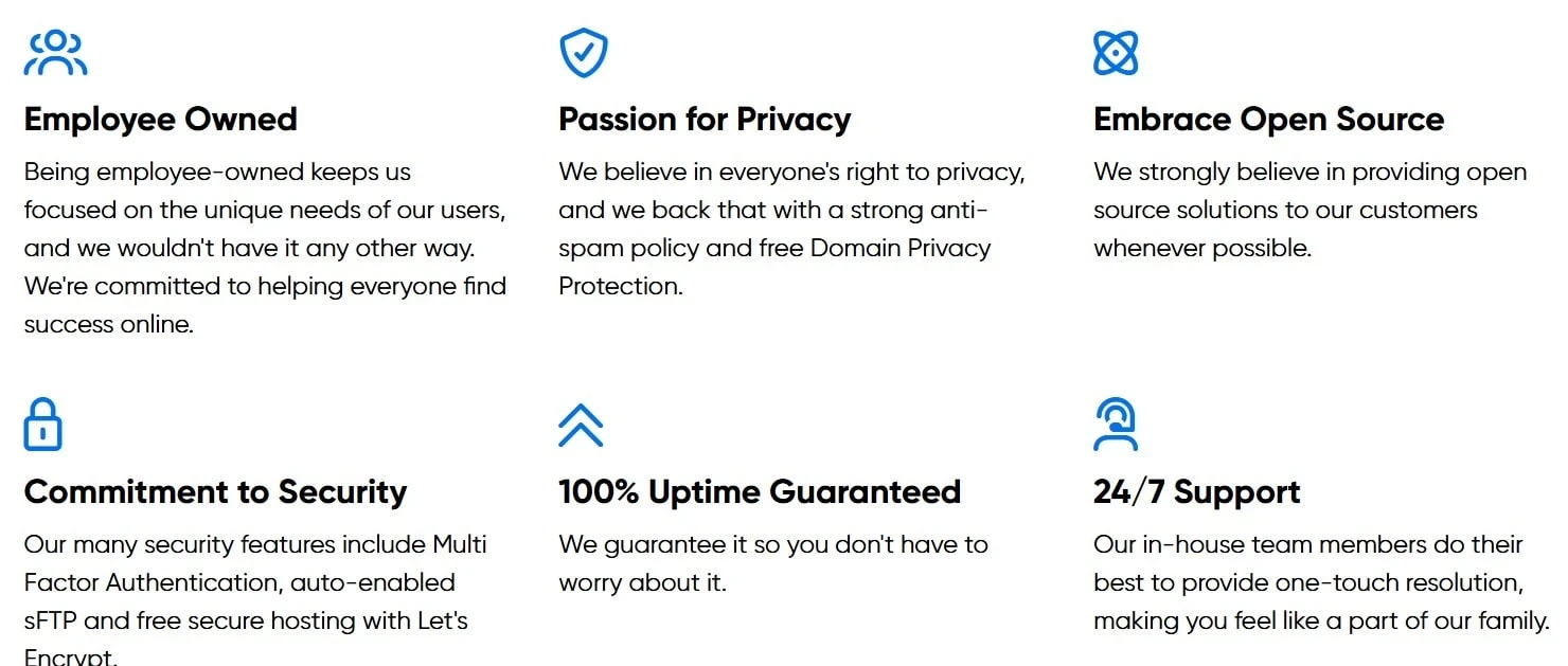 DreamHost company values, security features, and uptime guarantees displayed on their website