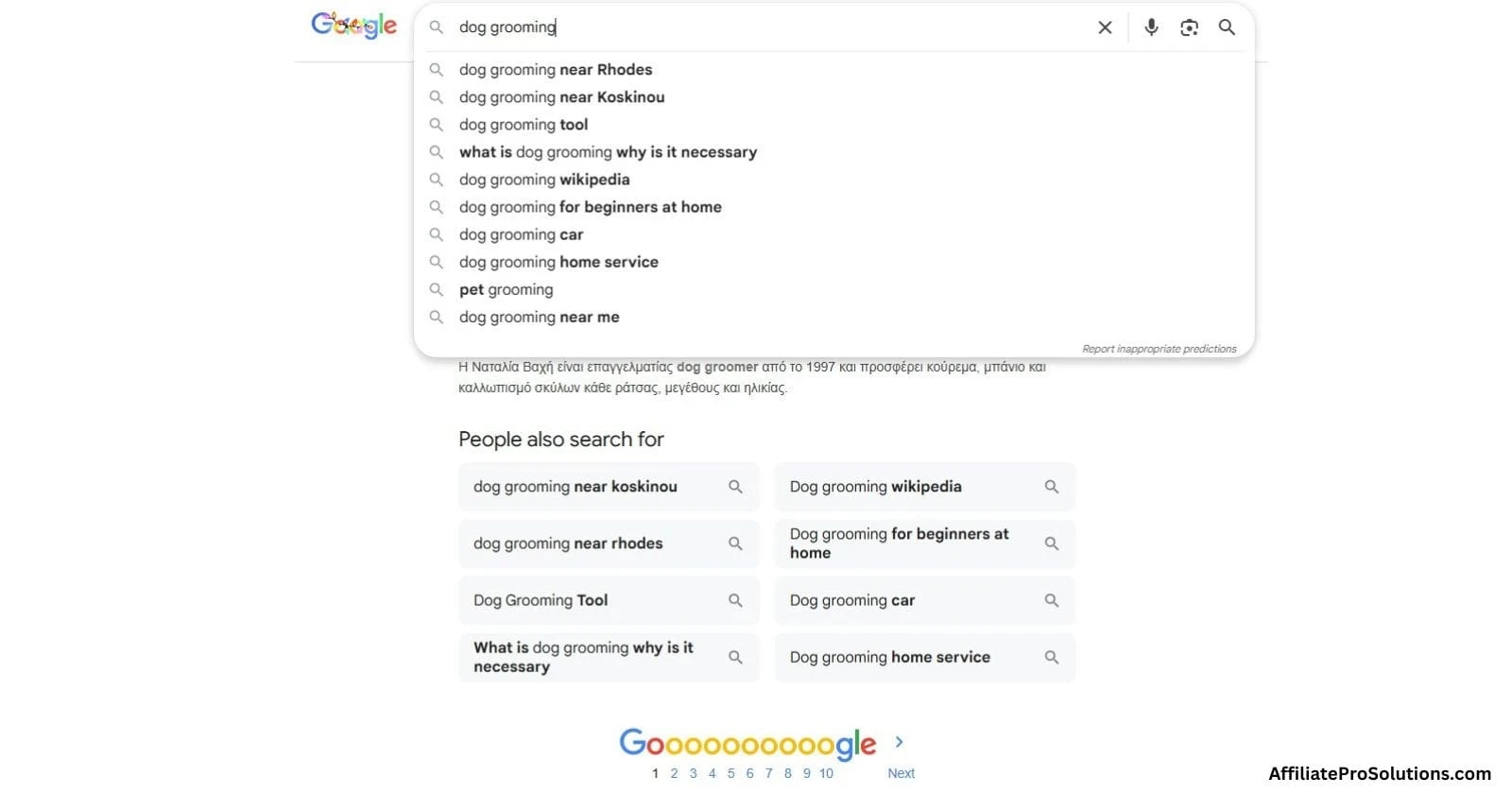 Google search suggestions and related searches for dog grooming, showing effective ways to brainstorm keywords people actually search for