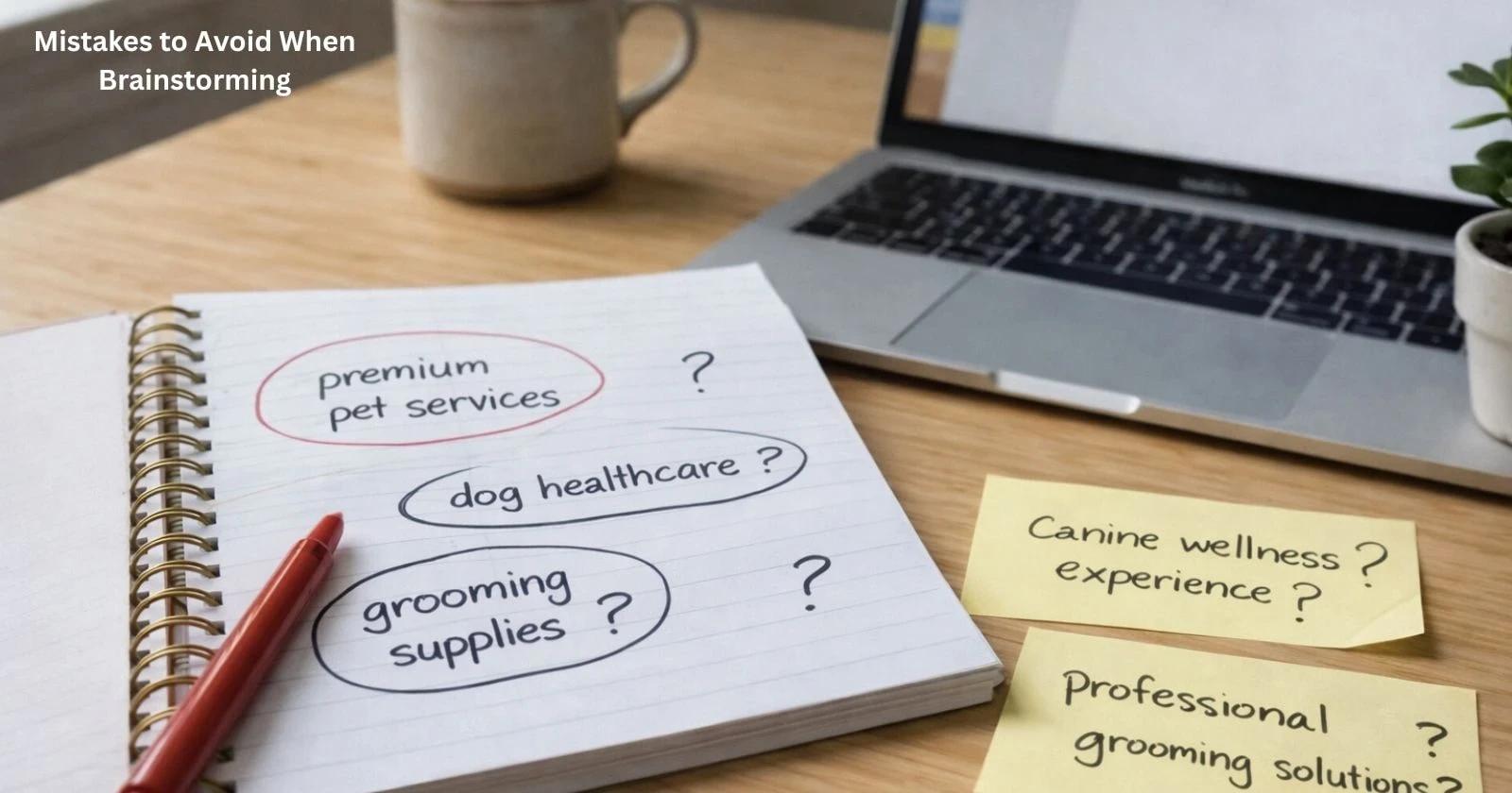 Notebook showing dog grooming keyword ideas with question marks, illustrating common mistakes to avoid when brainstorming keywords