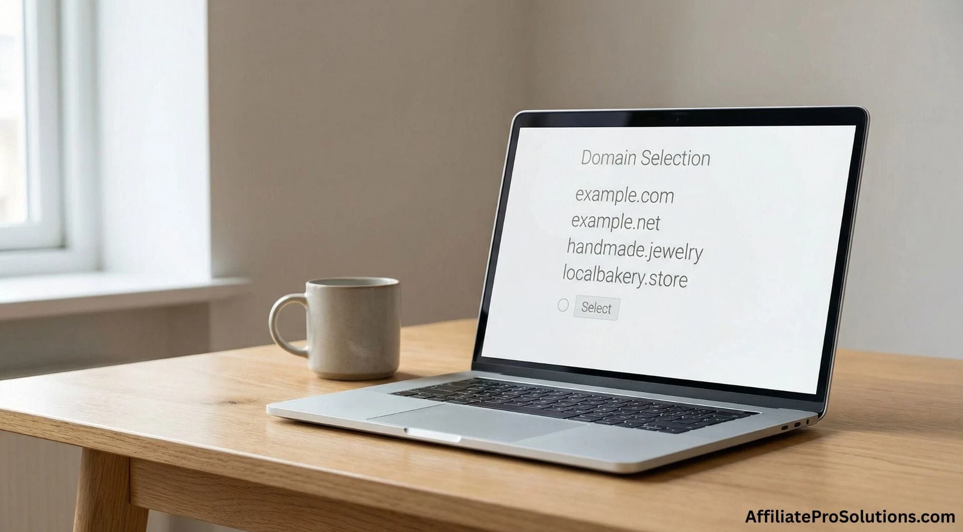 Laptop displaying different domain extension options, showing how familiarity and relevance affect trust when choosing domain extensions for niche sites