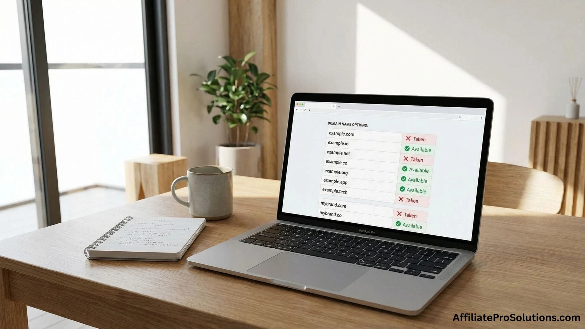 Laptop on a desk showing available and taken domain extensions, illustrating cost and availability when choosing domain extensions for niche sites