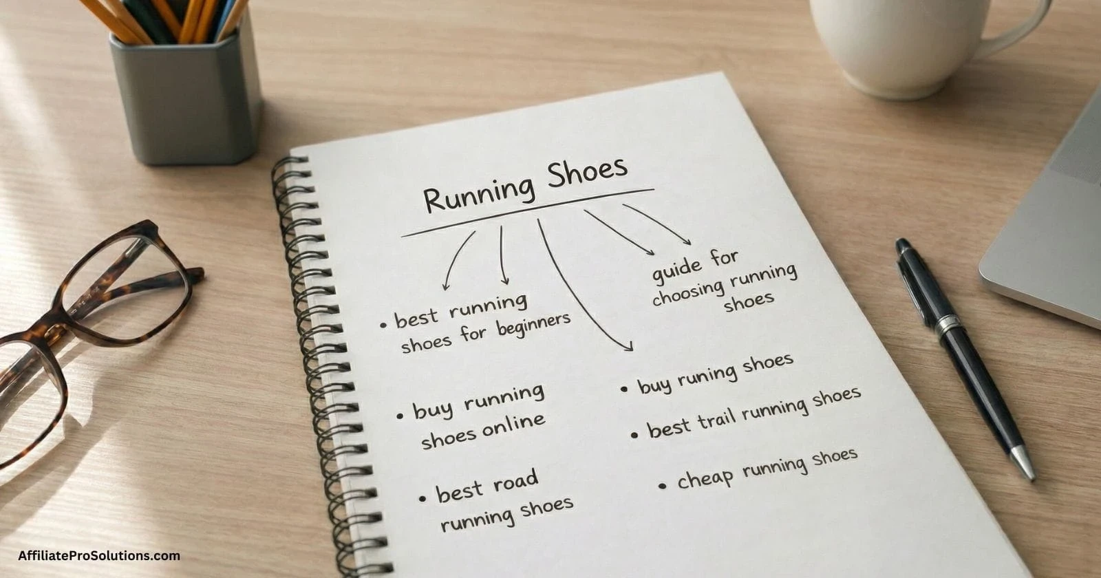 Organising Related Keywords Around One Clear Topic Notebook showing related keyword ideas grouped around one main topic for focused content planning