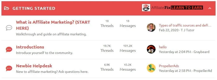 AffiliateFix getting started forum sections including introductions, newbie helpdesk, and beginner guides
