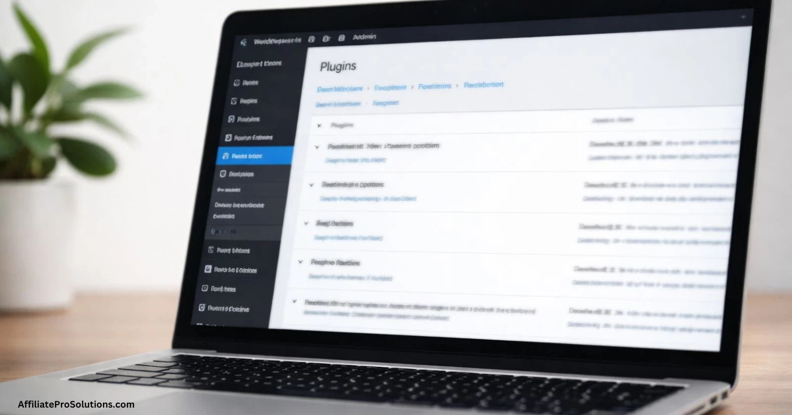 Wordpress Plugins Small Niche Sites Dashboard WordPress plugins page displayed on a laptop with a clean, minimal setup for small niche sites