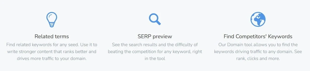 Wordtracker feature highlights showing related terms, SERP preview, and competitor keyword research tools