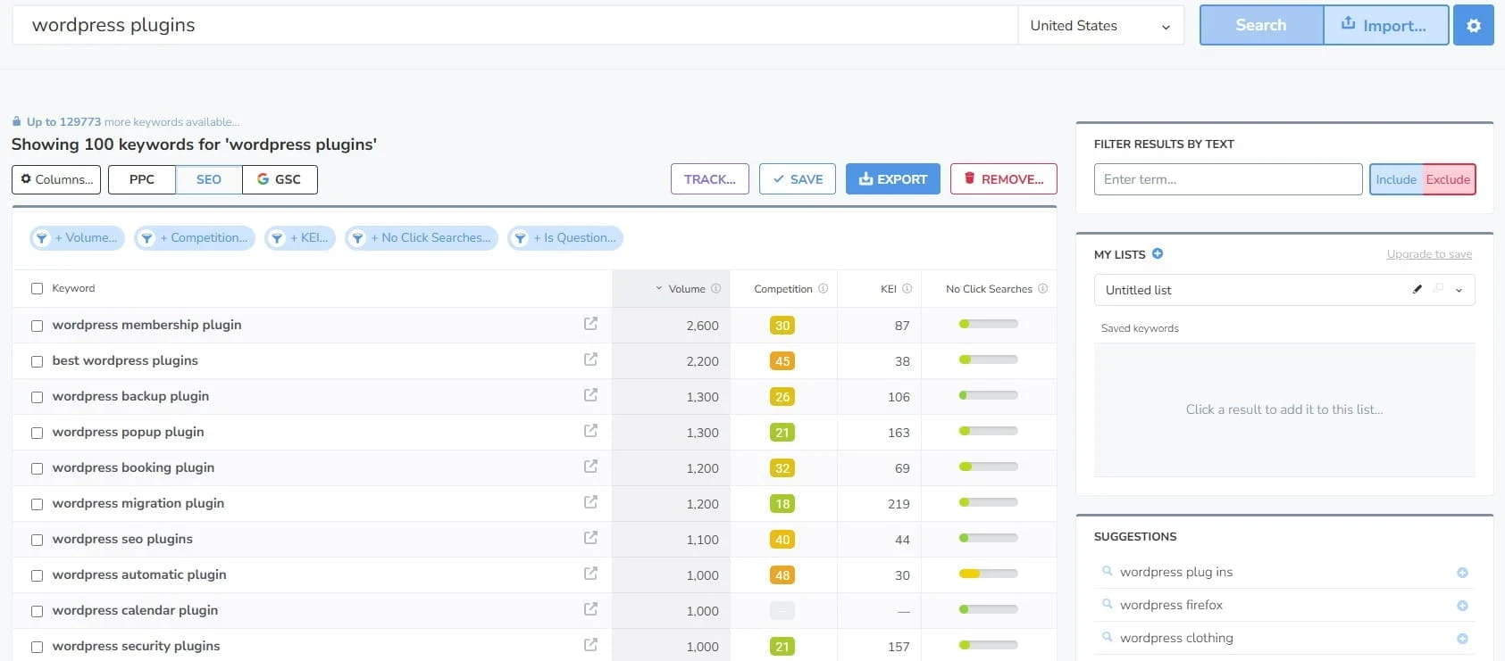Wordtracker keyword search for wordpress plugins showing keyword ideas with volume, competition, and KEI columns