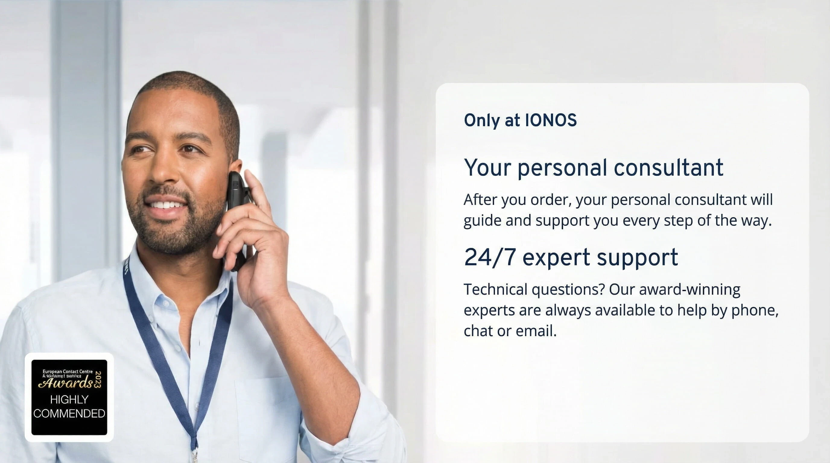 IONOS Support Personal Consultant 24-7 Expert Support IONOS support page showing personal consultant and 24/7 expert support by phone, chat, and email