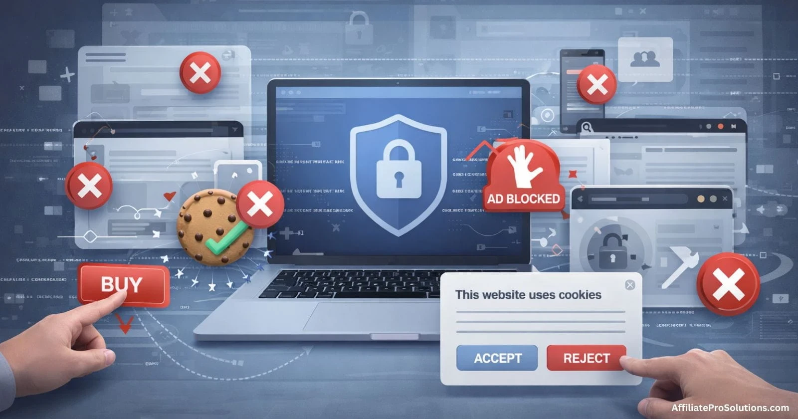Affiliate Tracking Cookie image showing a cookie consent popup and ad blocker warning blocking tracking on a laptop screen