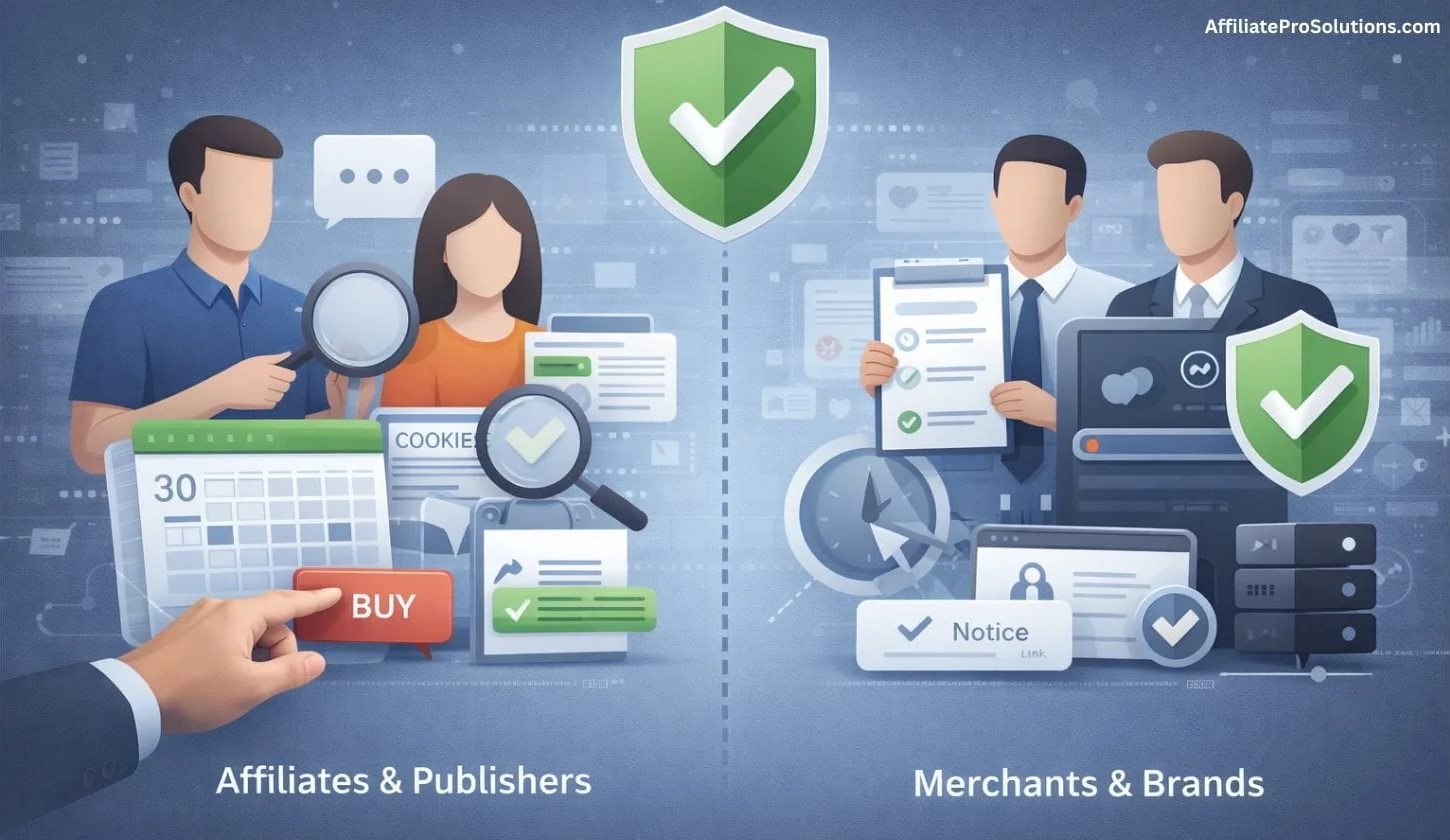 Affiliate Tracking Cookie illustration showing affiliates and publishers on the left and merchants and brands on the right