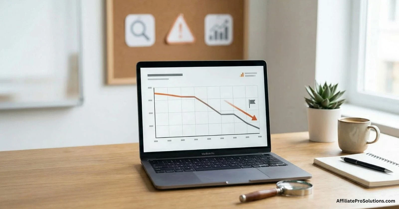 Laptop showing a falling website traffic graph during a website audit check for indexing and search problems