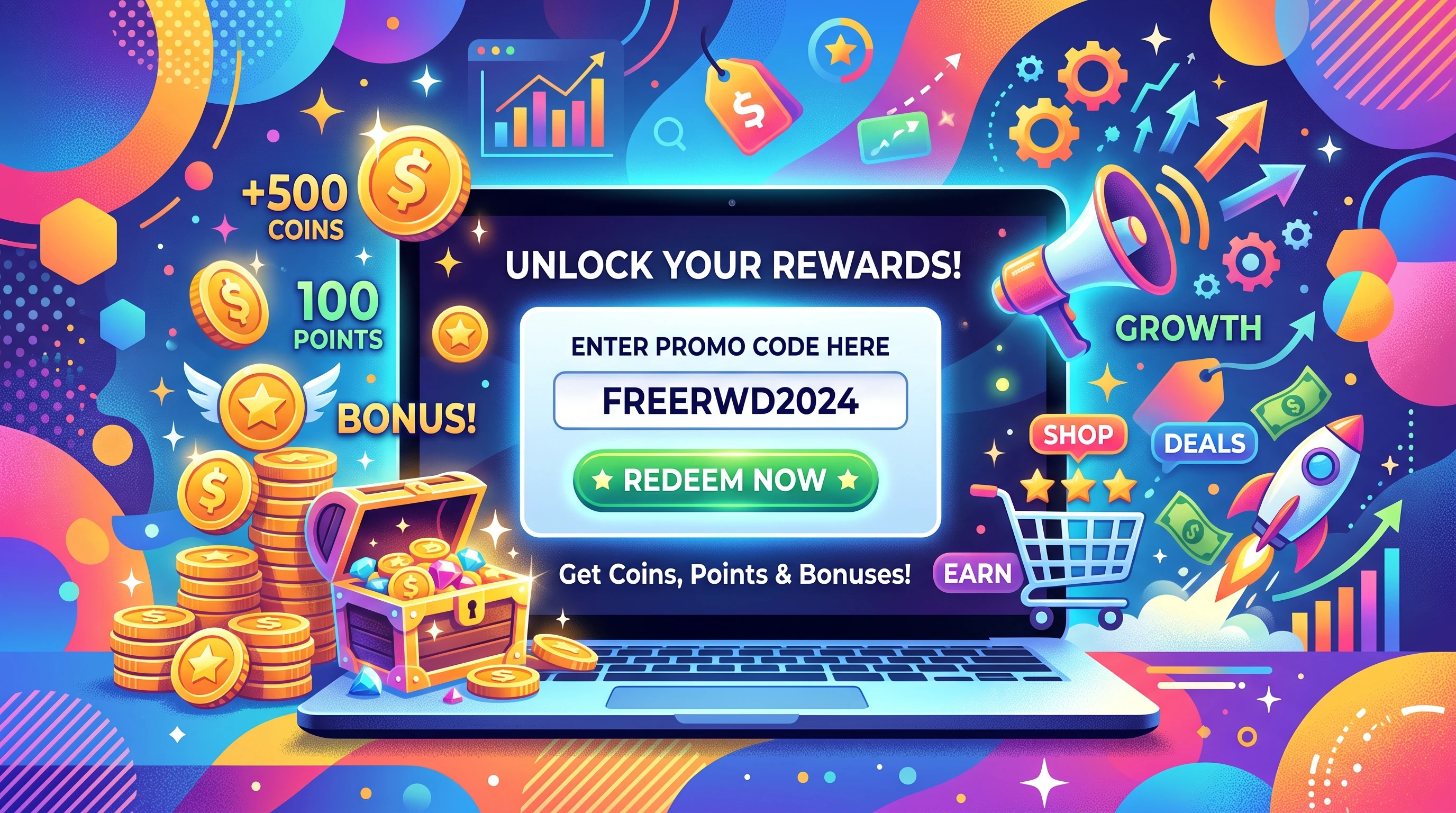 Colorful illustration showing a browser and promo codes entering into a rewards vault