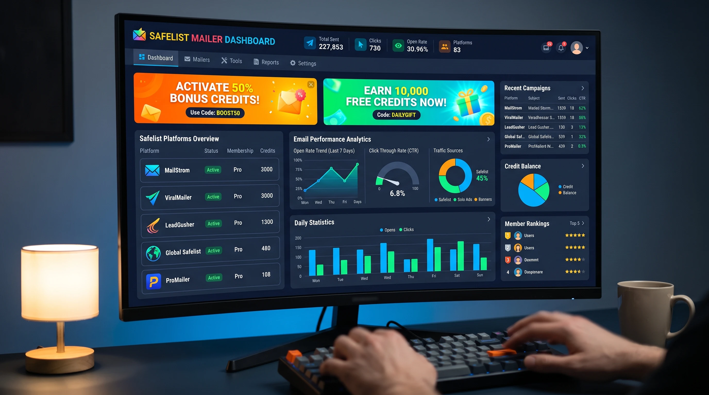 Safelist mailer dashboard with multiple promo offers