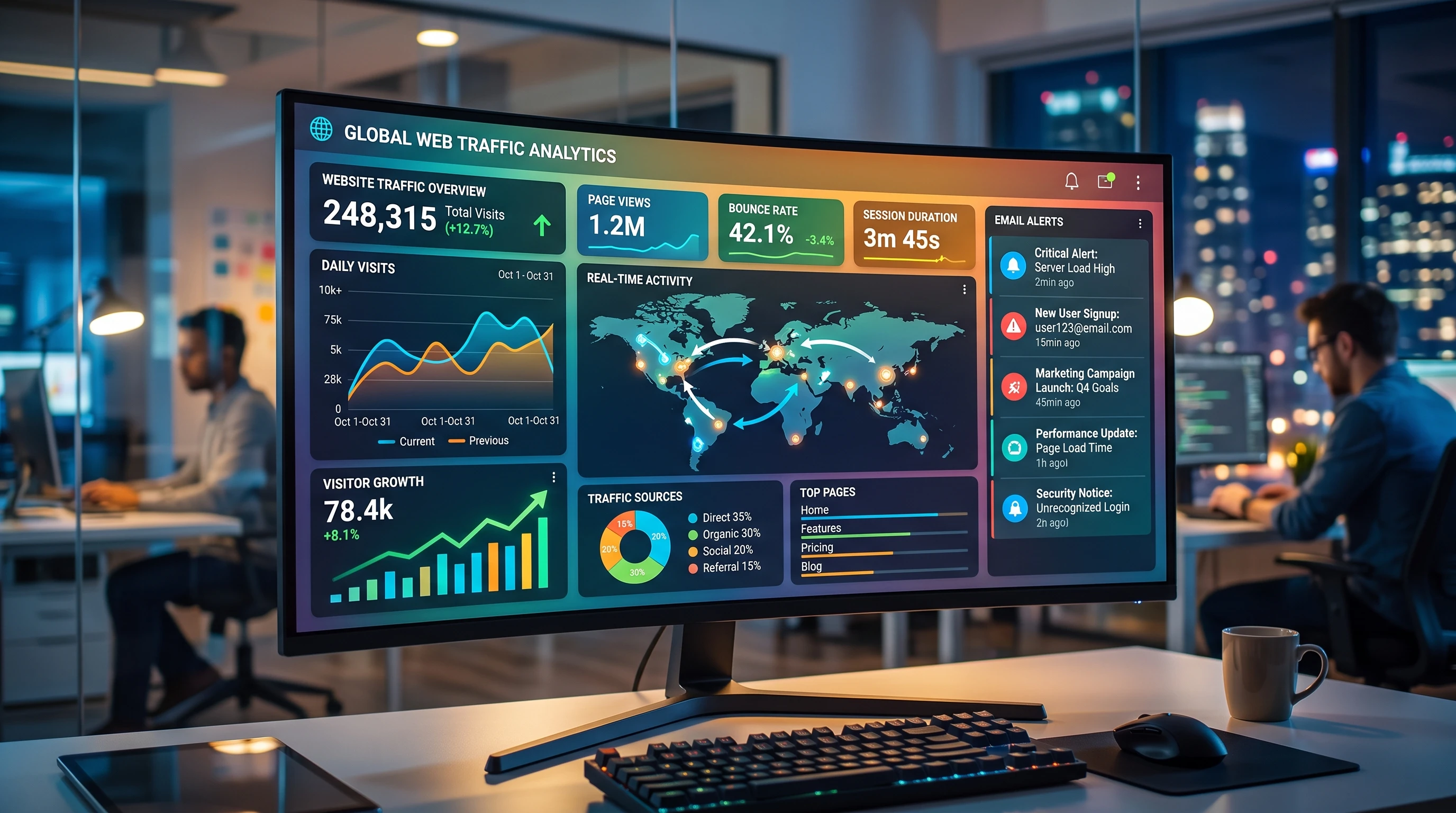 Digital dashboard showing web traffic stats, colorful arrows and email icons