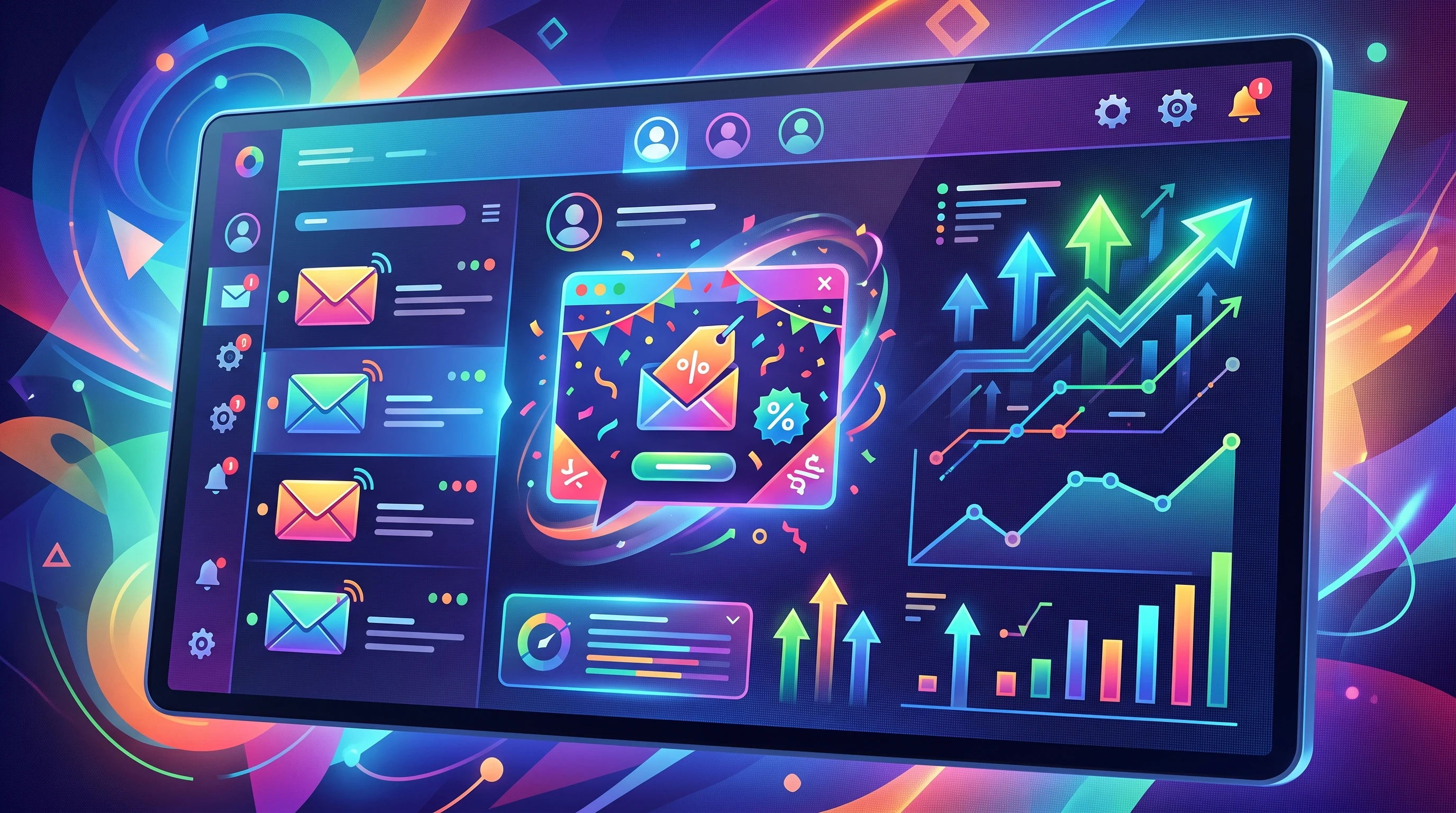 Colorful digital dashboard with email icons, promo code pop-ups, and web traffic arrows with no human figures