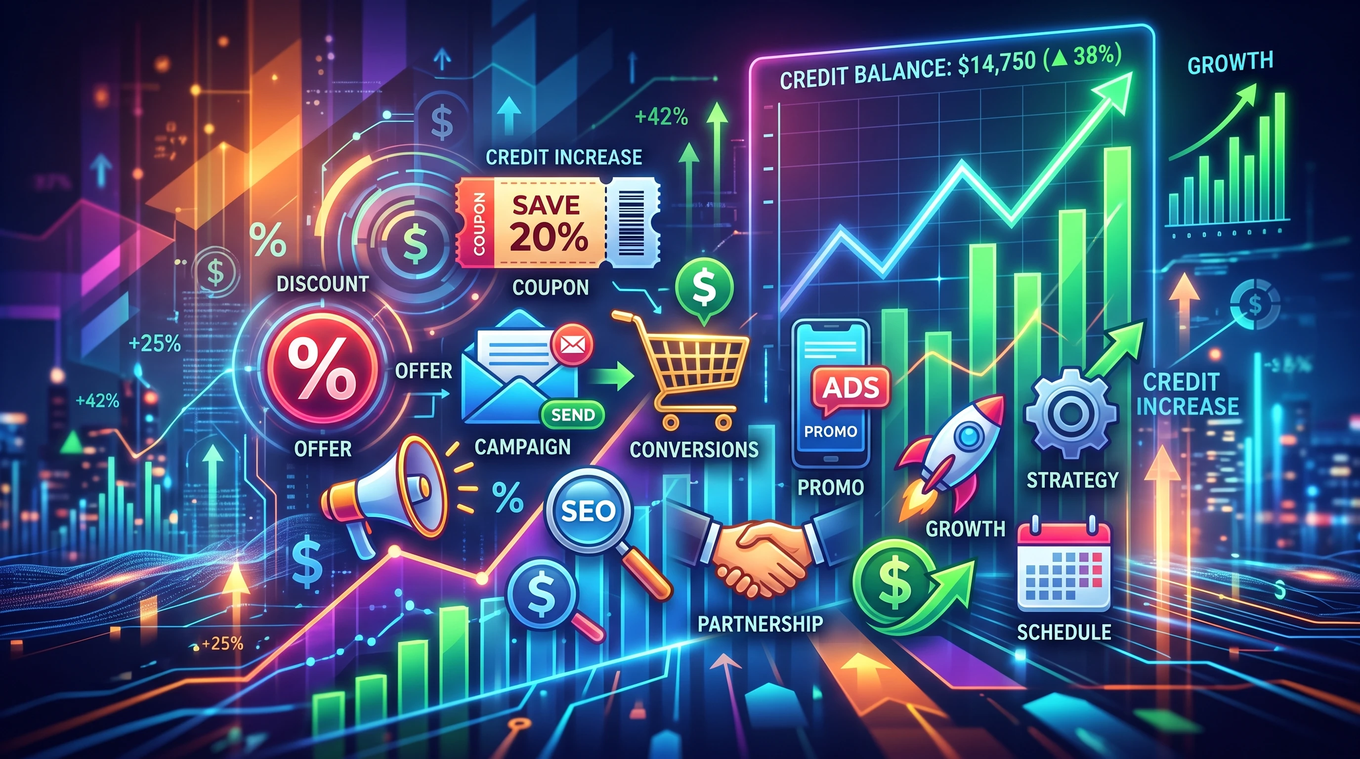 A digital illustration of marketing icons like coupons, email symbols, and percent signs, layered over a background showing a credit counter rising